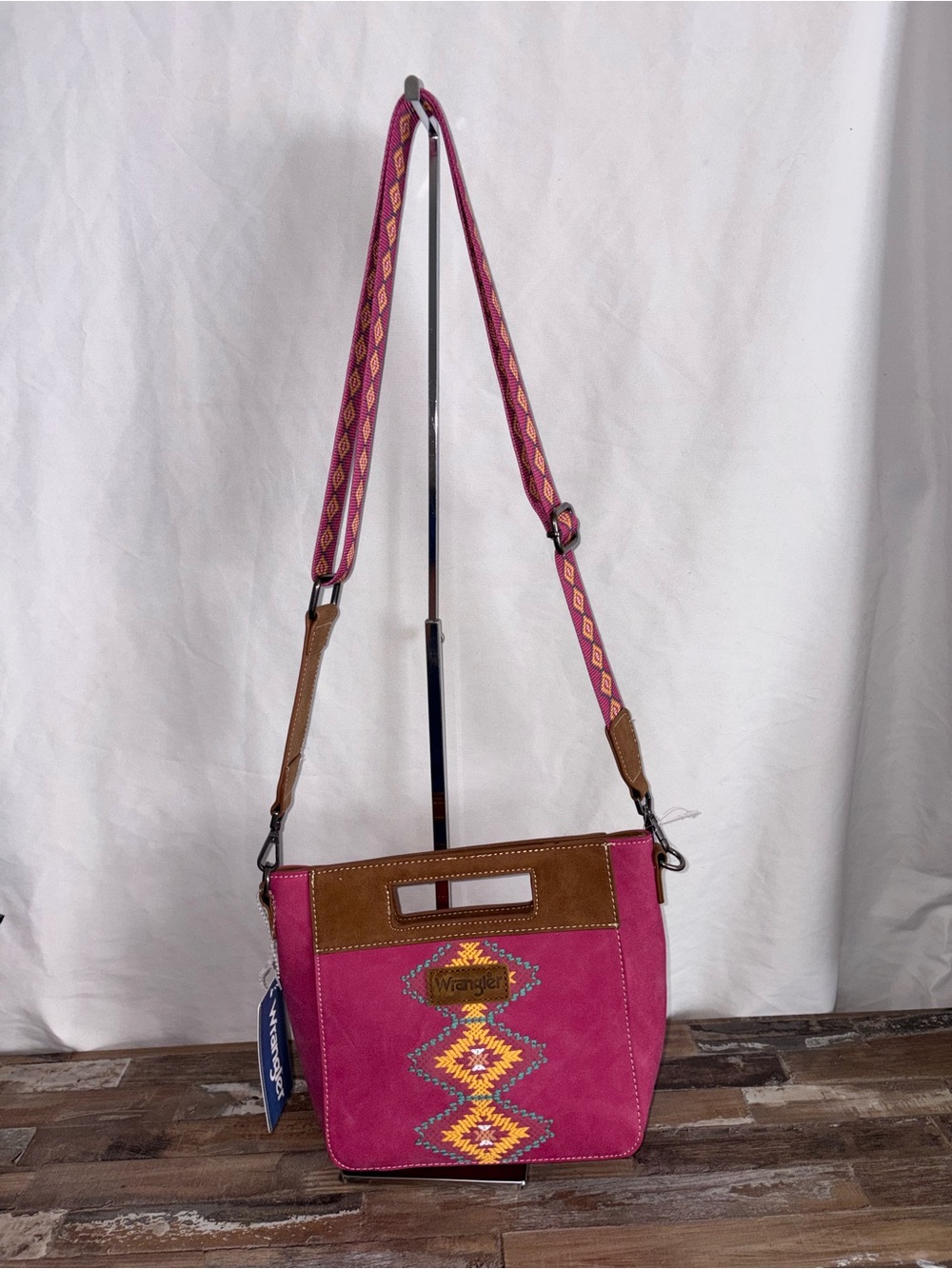Wrangler Fuchsia Suede Crossbody with Southwestern Embroidery